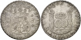 1763. Carlos III. México. MM. 8 reales. (Cal. 893). 27 g. Columnario. Buen ejemplar. Rara y más así. MBC+.
