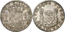 1763. Carlos III. México. MF. 8 reales. (Cal. 897). 26,89 g. Columnario. MBC.