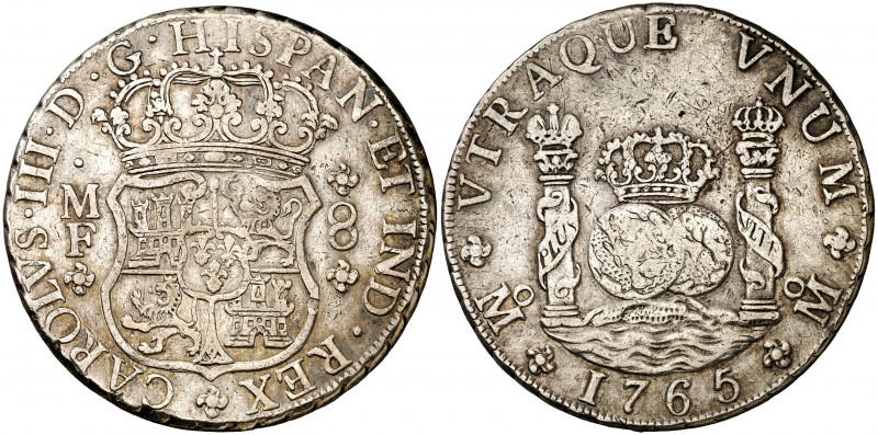1765. Carlos III. México. MF. 8 reales. (Cal. 901). 26,83 g. Columnario. Rayitas...