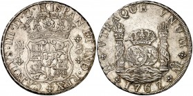 1767. Carlos III. México. MF. 8 reales. (Cal. 906). 26,94 g. Columnario. Leves golpecitos. Buen ejemplar. MBC+.