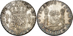1768. Carlos III. México. MF. 8 reales. (Cal. 908). 26,95 g. Columnario. Pátina atractiva. MBC.