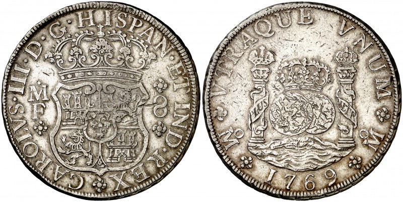 1769. Carlos III. México. MF. 8 reales. (Cal. 909). 26,80 g. Columnario. Golpeci...