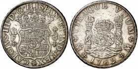 1769. Carlos III. México. MF. 8 reales. (Cal. 909). 26,80 g. Columnario. Golpecitos. MBC-.