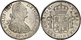 1804. Carlos IV. México. TH. 8 reales. (Cal. 701). 26,97 g. Leves rayitas. Parte de brillo original. Escasa así. EBC.