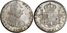 1805. Carlos IV. México. TH. 8 reales. (Cal. 703). 27 g. La base de la columna de la derecha entre la H y la I. Brillo original. Escasa así. EBC.