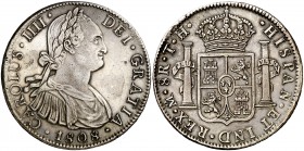 1808. Carlos IV. México. TH. 8 reales. (Cal. 709). 26,98 g. Leves golpecitos. Preciosa pátina. EBC-/EBC.