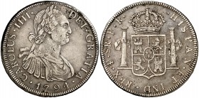 1794. Carlos IV. Potosí. PR. 8 reales. (Cal. 715). 26,81 g. Leves manchitas. Buen ejemplar. Muy escasa. MBC+.
