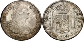 1795. Carlos IV. Potosí. PR. 8 reales. (Cal. 717). 26,96 g. Sombras. Rara. MBC+.