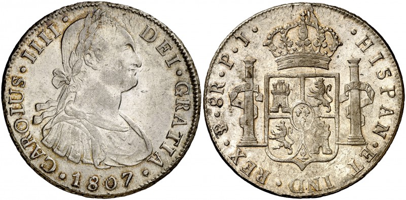 1807. Carlos IV. Potosí. PJ. 8 reales. (Cal. 731). 26,92 g. Parte de brillo orig...