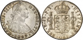1807. Carlos IV. Potosí. PJ. 8 reales. (Cal. 731). 26,92 g. Parte de brillo original. MBC+/EBC-.