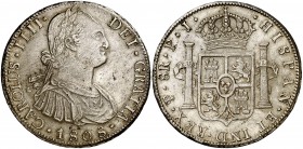 1808. Carlos IV. Potosí. PJ. 8 reales. (Cal. 732). 27,10 g. Atractiva pátina. EBC-/EBC.