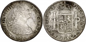 1805. Carlos IV. Santiago. FJ. 8 reales. (Cal. 759). 26,65 g. Oxidación en reverso. Rara. (MBC+).