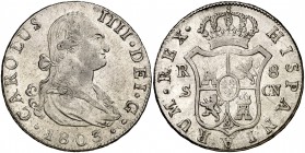 1803. Carlos IV. Sevilla. CN. 8 reales. (Cal. 778). 26,74 g. Atractiva. Rara. MBC+.