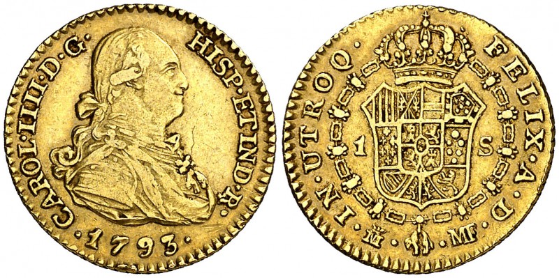 1793. Carlos IV. Madrid. MF. 1 escudo. (Cal. 492). 3,42 g. Leves rayitas. Bonito...