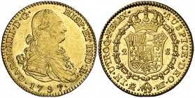 1797. Carlos IV. Madrid. MF. 2 escudos. (Cal. 334). 6,81 g. Leves rayitas. Bella. Brillo original. Escasa así. EBC.