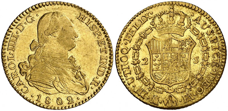 1802/1. Carlos IV. Madrid. FA. 2 escudos. (Cal. 344 var). 6,76 g. Leves marquita...