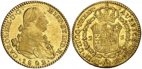 1802/1. Carlos IV. Madrid. FA. 2 escudos. (Cal. 344 var). 6,76 g. Leves marquitas. MBC+.