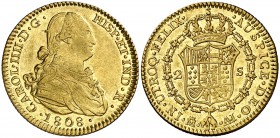 1808. Carlos IV. Madrid. AI. 2 escudos. (Cal. 353). 6,69 g. Bella. Brillo original. Escasa así. EBC-/EBC.
