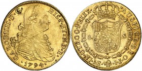 1794. Carlos IV. Lima. IJ. 8 escudos. (Cal. 11) (Cal.Onza 985). 26,95 g. A de la ceca con travesaño. Rayitas. Parte de brillo original. MBC+.