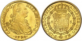 1794. Carlos IV. México. FM. 8 escudos. (Cal. 43) (Cal.Onza 1024). 26,97 g. Leves golpecitos. Bonito color. MBC+.