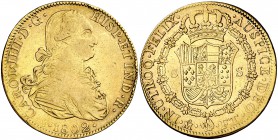 1802. Carlos IV. México. FT. 8 escudos. (Cal. 56) (Cal.Onza 1037). 26,91 g. Golpecitos. Acuñación floja. MBC-/MBC.