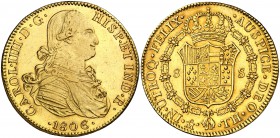 1806. Carlos IV. México. TH. 8 escudos. (Cal. 61) (Cal.Onza 1042). 27,01 g. Precioso color. Escasa así. MBC+/EBC-.