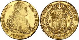1791. Carlos IV. Potosí. PR. 8 escudos. (Cal. 95) (Cal.Onza 1084). 26,92 g. Busto laureado. Muy rara. MBC/MBC+.