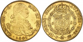 1801. Carlos IV. Potosí. PP. 8 escudos. (Cal. 108) (Cal.Onza 1100). 26,88 g. Golpe canto. MBC/MBC+.