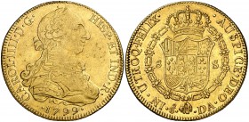 1799. Carlos IV. Santiago. DA. 8 escudos. (Cal. 158) (Cal.Onza 1164). 27,02 g. Leves marquitas. Parte de brillo original. MBC+.