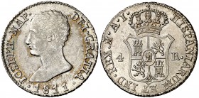 1811. José Napoleón. Madrid. AI. 4 reales. (Cal. 55). 6,01 g. Bella. Pátina. Escasa así. EBC.