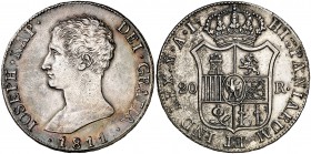 1811. José Napoleón. Madrid. AI. 20 reales. (Cal. 27). 26,63 g. Águila grande. Limpiada. Bella. (EBC).