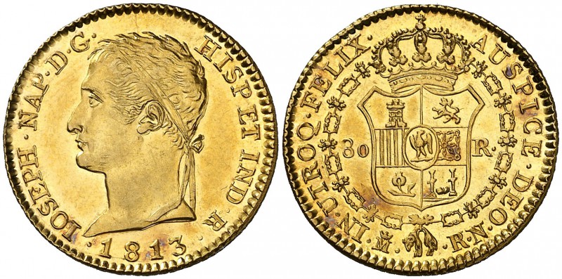 1813. José Napoleón. Madrid. RN. 80 reales. (Cal. 12). 6,70 g. Brillo original c...
