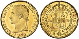 1813. José Napoleón. Madrid. RN. 80 reales. (Cal. 12). 6,70 g. Brillo original con bonito tono rojizo. Ex Colección Rudman 2003, nº 624. Muy rara así....