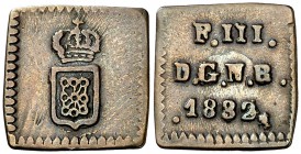 1832. Fernando VII. Pamplona. 1/2 maravedí. (cal. 1564). 0,88 g. Cospel cuadrado. Módulo delgado. Escasa. MBC+.
