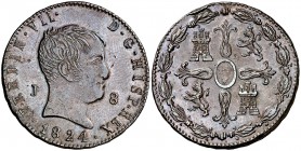 1824. Fernando VII. Jubia. 8 maravedís. (Cal. 1560). 11,04 g. Tipo "cabezón". Leves rayitas. Escasa así. MBC+/EBC-.