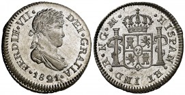 1821. Fernando VII. Guatemala. M. 1/2 real. (Cal. 1294). 1,69 g. Estuvo encapsulada por la NGC como MS65. Muy bella. Brillo original. Ex Stack's Bower...