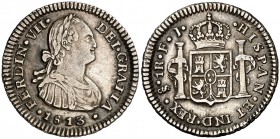 1813. Fernando VII. Santiago. FJ. 1 real. (Cal. 1221). 3,39 g. Atractiva. Escasa así. MBC+.