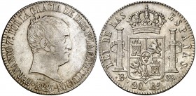 1823. Fernando VII. Barcelona. SP. 20 reales. (Cal. 369). 26,82 g. Tipo "cabezón". Buen ejemplar. Rara. MBC+.