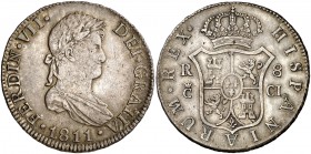 1811. Fernando VII. Cádiz. CI. 8 reales. (Cal. 371). 26,95 g. Preciosa pátina. Rara y más así. MBC+.