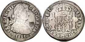 1811. Fernando VII. Chihuahua. RP. 8 reales. (Cal. 389). 29,18 g. Busto imaginario. Fundida. Rara. MBC.