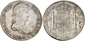 1824. Fernando VII. Cuzco. G. 8 reales. (Cal. 386). 27,32 g. Mínima hojita en reverso. Preciosa pátina. Rara. MBC+.