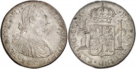1809. Fernando VII. Guatemala. M. 8 reales. (Cal. 457). 26,89 g. Busto de Carlos IV. Rayitas. Preciosa pátina. Ex Áureo, 17-18/10/1995, nº 1158. Muy e...
