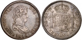 1816. Fernando VII. Guatemala. M. 8 reales. (Cal. 464). 26,80 g. Leves marquitas. Bella. Pátina. Ex Áureo, 20/03/1991, nº 829. EBC-.