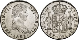 1821. Fernando VII. Guatemala. M. 8 reales. (Cal. 470). 26,95 g. Muy bella. Brillo original. Rara así. S/C-.