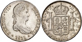 1811. Fernando VII. Lima. JP. 8 reales. (Cal. 477). 27 g. Primer año de busto propio. Rayitas. Bonito color. Escasa. MBC+/EBC-.
