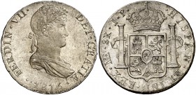1815. Fernando VII. Lima. JP. 8 reales. (Cal. 483). 28,32 g. Parte de brillo original. Escasa así. EBC.