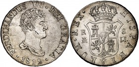 1812. Fernando VII. Madrid. IJ. 8 reales. (Cal. 496). 26,87 g. Busto desnudo. Mínima hojita. Muy bella. Rara y más así. EBC.