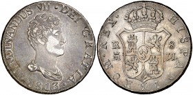 1813/2. Fernando VII. Madrid. IJ. 8 reales. (Cal. 497). 26,79 g. Busto desnudo. Pátina. Rara. MBC+.