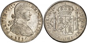 1810. Fernando VII. México. HJ. 8 reales. (Cal. 543). 27 g. Busto imaginario. Plata ligeramente agria. Parte de brillo original. Escasa así. EBC/EBC+....