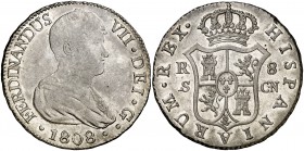1808. Fernando VII. Sevilla. CN. 8 reales. (Cal. 634). 26,88 g. Busto desnudo. Leves rayitas. Parte de brillo original. Escasa. EBC-/EBC